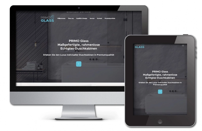 Projekt: Responsive Website für PRIMO Glass GmbH - Bild von Ansichten Desktop und Tablet