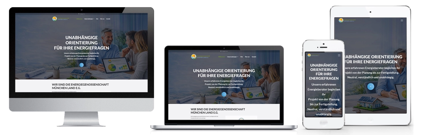 kel-projekt-energiegenossenschaft-muenchen-land-01 Projekt umfangreiche, responsive Website Energiegenossenschaft München Land e.G. - Abbildung Ansichten Desktop-PC, Laptop und mobile devices